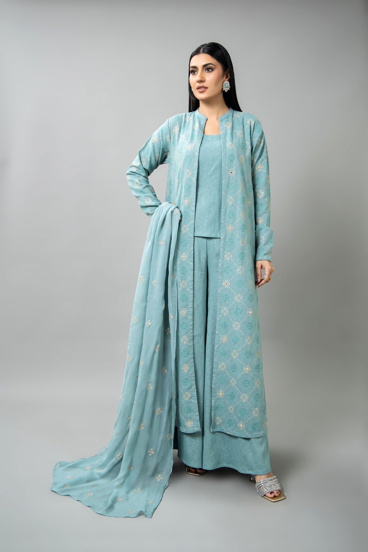 EMBROIDERED & SHEESHA WORK COTTON KARANDI 3 PCS (UNSTITCHED)